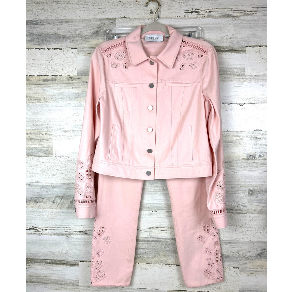 Per Se By Carlisle Stephanie Pink Denim Cutout Pant Jacket Set Womens 2/4 NEW